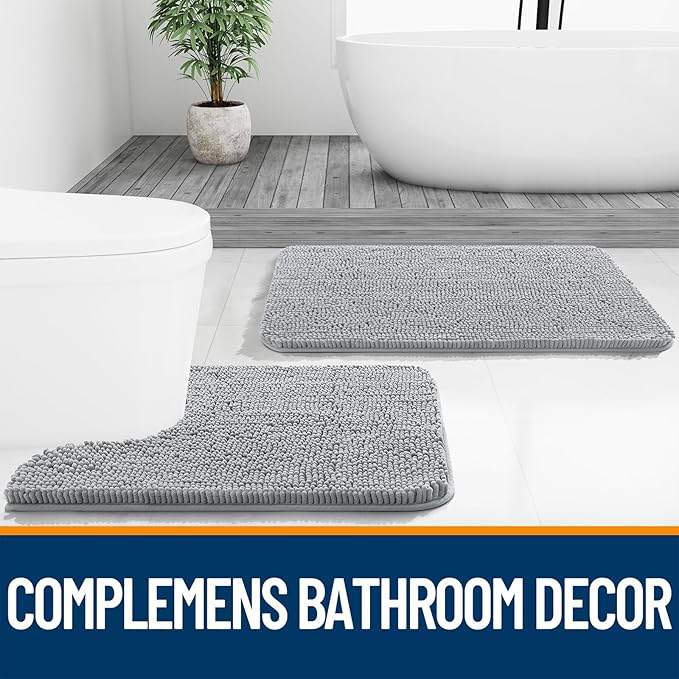 OLANLY Bathroom Rugs 35x24, Extra Soft Absorbent Chenille Bath Rugs | Light Grey, Quick-Drying Rubber Backing, Machine Washable Bath Mat for Bathroom Floor, Tub and Shower, Home Decor Accessories