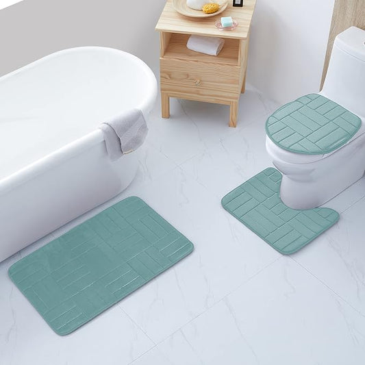 All American Collection 3PC Memory Foam Bath Mats Soft Plush Stripe Design Anti-Slip Shower Bathroom Contour Toilet Lid Cover Rugs (Stripe Dusty Blue)