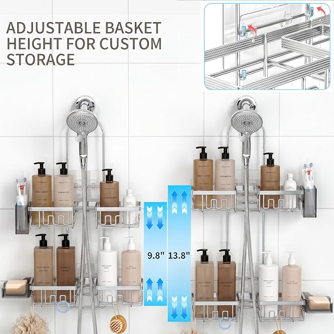 Adjustable Shower Caddy Hanging for Handheld Showerheads, Rustproof, Silver | Anti-Swing, Split Design, Shower Organizer with Hooks, Soap Holder and Toothbrush Holder, No-Drill Bathroom Storage