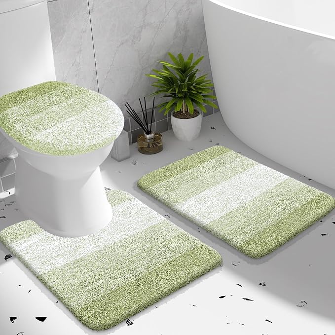 OLANLY Bathroom Rugs Sets 3 piece, Soft Microfiber Absorbent Bath Mat, U-Shaped Contour Toilet Mat and Toilet Lid Cover, Quick Dry, Machine Washable, Toilet Cover and Rug Set for Floor, Mustard Yellow