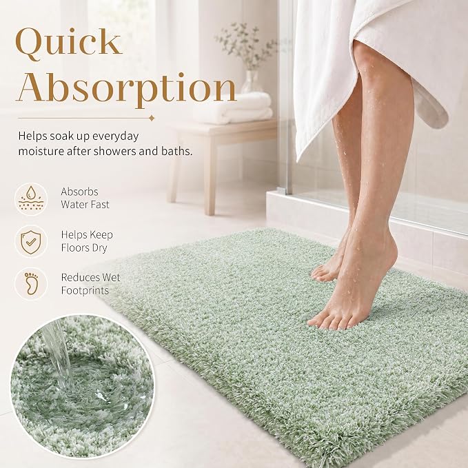Yimobra Luxury Bathroom Rugs, Fluffy Bath Mats, Non Slip, Water Absorbent Microfiber, Machine Washable, Plush Runner Shower Rugs, Thick Matts for Bathroom Floor&Tub, 70" X 24", Light Green and White