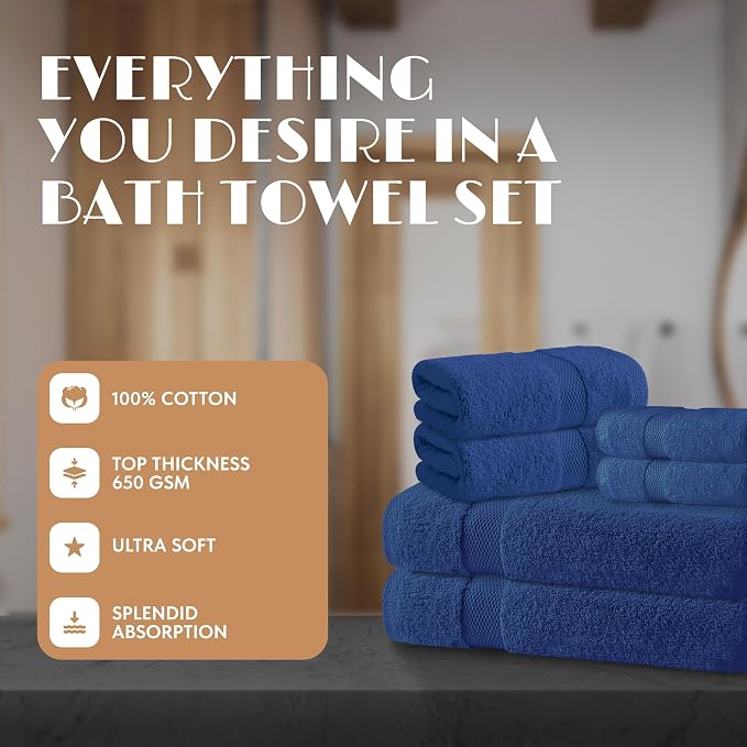 Navy Bath Towel Set of 6 - 100% Cotton Highly Absorbent Towels for Bathroom, 2 Luxury Bath Towels 650GSM, 2 Hand Towels, 2 Washcloths
