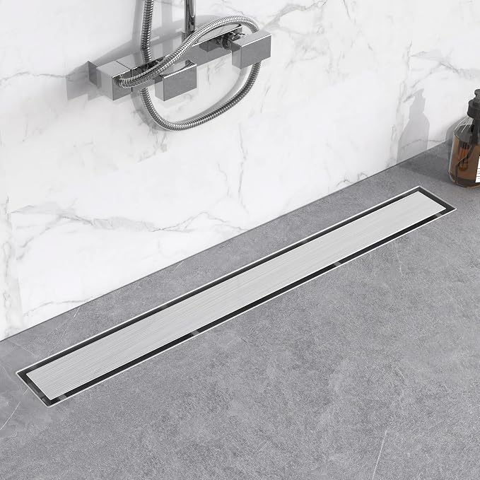 YEFU Shower Drain Nickel for Bathroom: 60 Inch Stainless Steel Linear Shower Drain – 2-in-1 Shower Floor Drain with Tile Insert Grate – Rectangle Linear Drain with Adjustable Feet & Hair Strainer