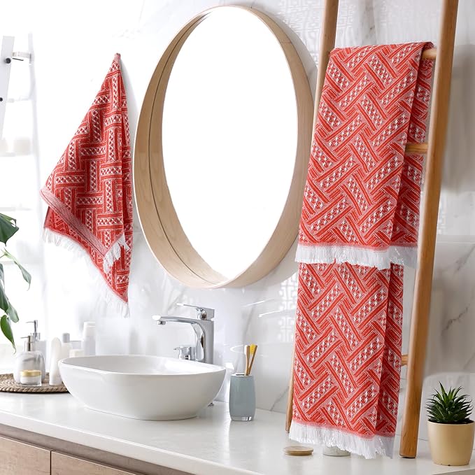HunnmingRe 4 Pack Boho Hand Towel for Bathroom Kitchen 14x30 Inch 100% Turkish Cotton Summer Boho Decorative Towel Waffle Farmhouse Bathroom Decor Absorbent Soft Guest Gift(Red Orange,White)