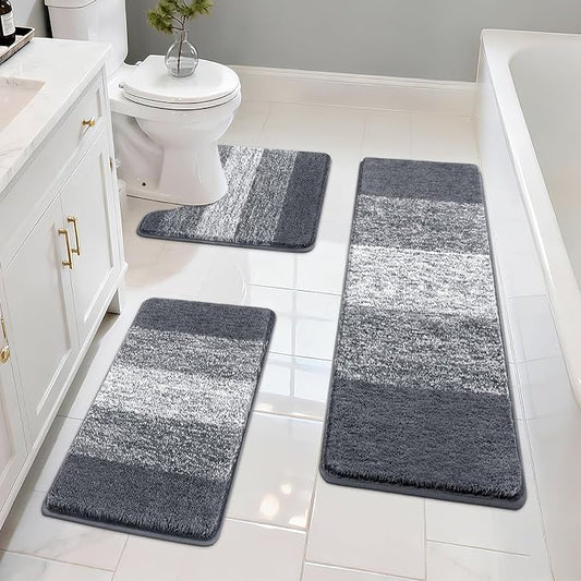 Pauwer 3 Piece Bathroom Rug Set, Microfiber Non Slip Bath Mats, Dark Grey | Machine Washable, Quick Dry, Ultra Absorbent Floor Carpet, Plush Shower Rugs, U-Shaped Contour Toilet Mat