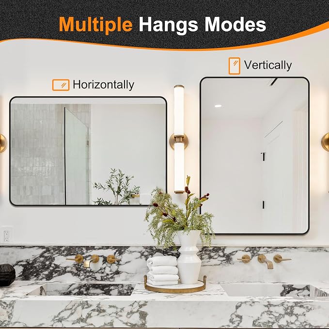 Delma Bathroom Vanity Mirror, Black Framed Mirror for Over Sink, 36x24 | HD glass, distortion-free for makeup and grooming, Sturdy frame, all mounting hardware, hangs horizontal or vertical