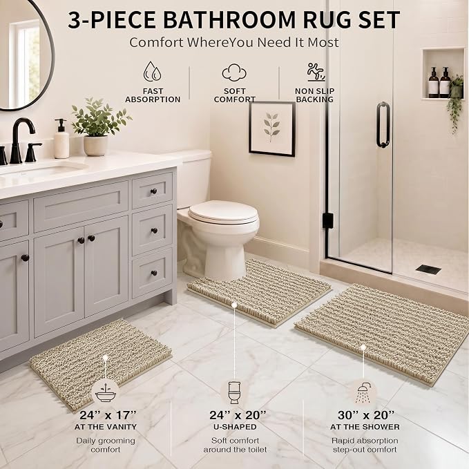 Yimobra Bathroom Rug Set 3 Piece, Super Water Absorbent Bath Mat Set, Camel | Quick Dry Soft Chenille Bath Rugs & Toilet Rug, Non Slip Machine Washable, Extra Thick Shaggy Floor Mat for Shower Tub Sink