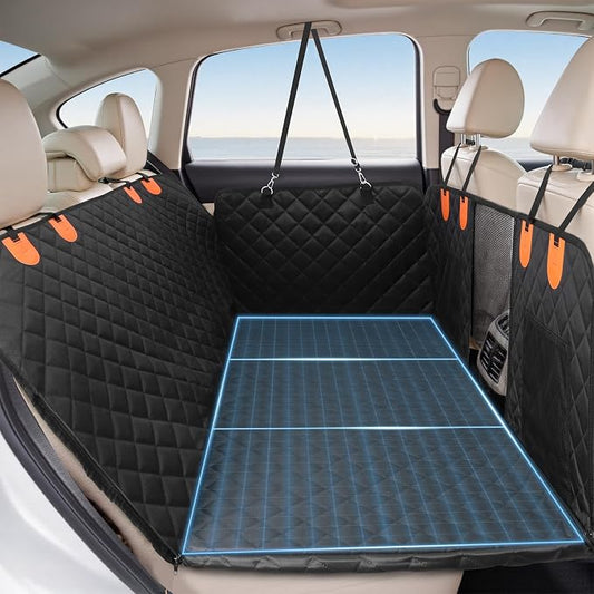Pet Car Seat Cover, 400LBS Hard Bottom Back Seat Extender for Dogs | Waterproof Polyester, Anti-Slip Surface, 3 Removable Hard Plates, Side Storage Pockets, 4-Mode Convertible