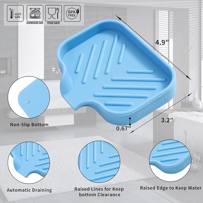 MicoYang Silicone Soap Dish with Drain Spout, Self-Draining Sink Organizer Tray for Bathroom & Kitchen, Sponges, Dispensers & Soap Holder, Non-Slip and Dishwasher Safe, Light Blue (Compact, 4.9"×3.2")
