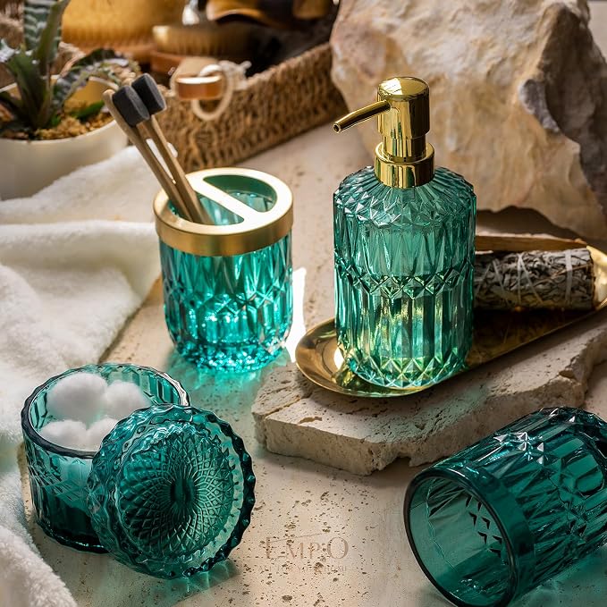 EMPO 6PCS Bathroom Clear Glass Accessories Set (Lotion Soap Dispenser, Soap Dish, Toothbrush Holder, Tumbler, Cotton Swab Jar), Contemporary Modern Decor Crystal Vintage Gift (6pcs Ocean Teal Blue)