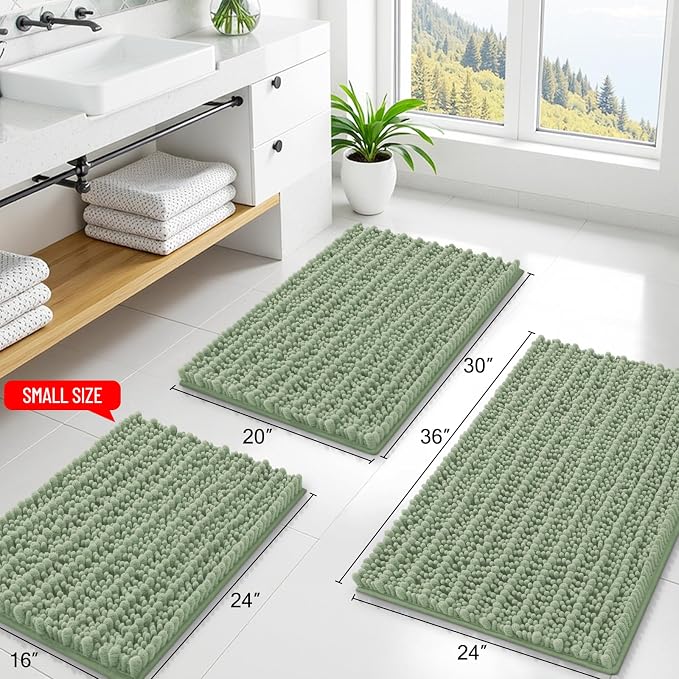 Smiry Bathroom Rugs 44X24, Extra Soft Rubber Backing Chenille Bath Mats | Sage Green Machine Washable Non Slip Quick Dry Bath Mats for Bathroom Floor, Tub, Shower, Home Decor Accessories