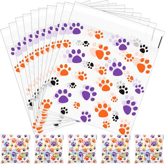 Pasimy 200 Pcs Paw Plastic Bags Pet Cellophane Bags Self-adhesive Clear Treat Pouches for Pet Dog Theme Party Supplies Decor(Halloween Color)