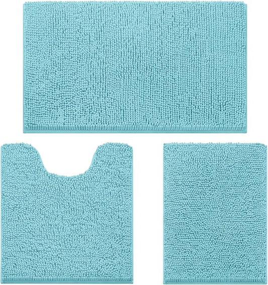 HOMEIDEAS Aqua Blue Chenille Bathroom Rugs Set of 3, Non Slip Bath Mat | Super Absorbent, Soft Microfiber, Machine Washable, Stain Resistant, for Bathroom Decor
