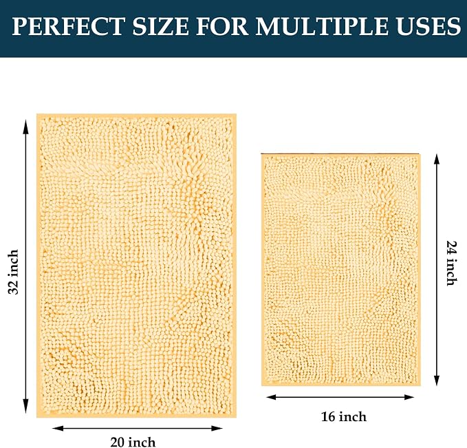 Bathroom Rugs Set 2 Piece Bath Mats Non Slip for Bathrooms, Thick Soft Chenille Rug Set, Ultra Absorbent Bath Carpet, Shaggy Floor Mat, Cream, 20"x32" & 16"x24"