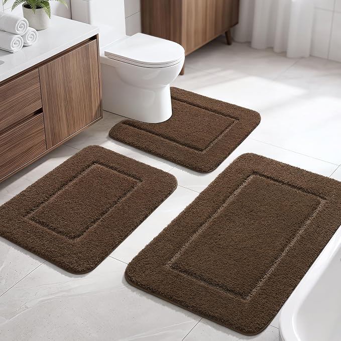LOCHAS Bathroom Rug Set, Bath Rugs Sets 3 Piece Non Slip, Light Brown | Washable Absorbent Microfiber Bath Mat Set, Soft Cozy Bathroom Mat for Shower Sink Toilet