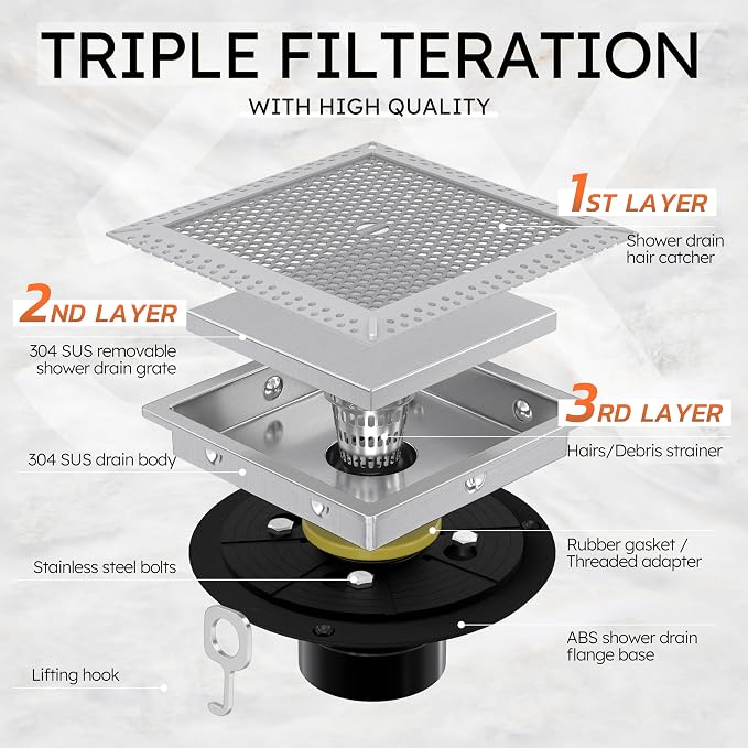 6 Inch Brushed Nickel Square Shower Drain with Flange,Modern Floor Drain with 2-in-1 Cover Tiled Insert Grate,SUS 304 Stainless Steel
