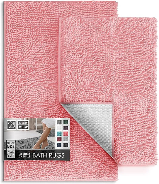 Hearth & Harbor Bathroom Rugs, Chenille Bath Mat - Machine Washable Bath Mats for Bathroom Non-Slip Backing Rubber, Quick Dry Bathroom Mat, 17 x 24 + 20 x 32 - Pink