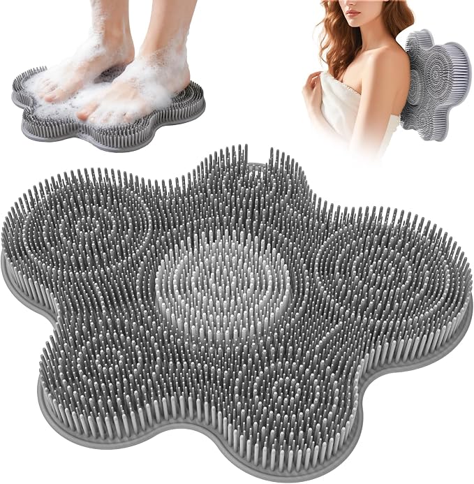 Shower Foot Scrubber Mat Silicone Back Exfoliating Cleaner, Feet Message Bath Washer Pad with Suction Cups for Wall Non-Slip - Itchy Toes Dead Skin Beauty Deep Clean Soft Bristles 14.2 * 11.2in Grey