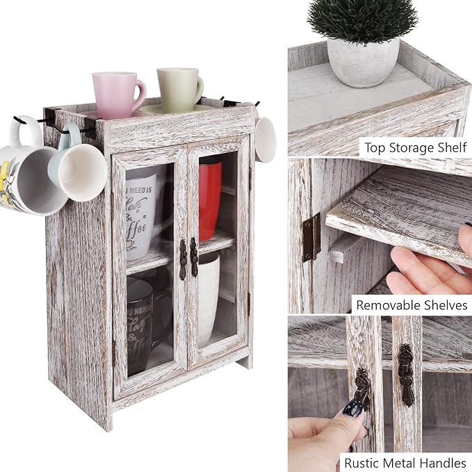 Ikee Design Wooden Countertop Storage Cabinet. Customizable Organizer with Adjustable Shelves, Glass Window Door and Removable Metal Hook. Perfect for Kitchen, Vanity, or Bathroom. Antique White
