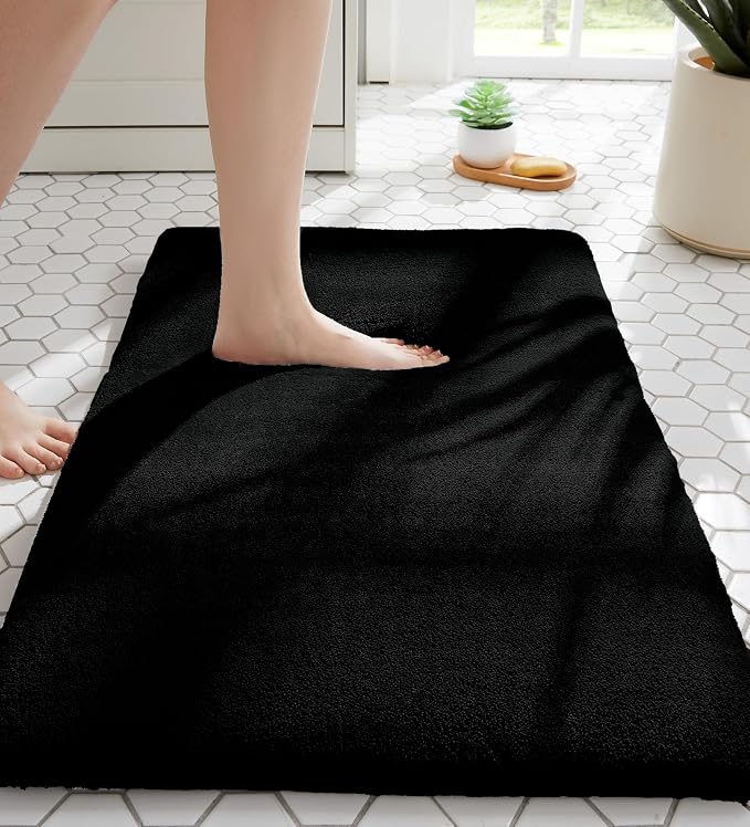 MINIDEAR Bathroom Rugs 24x17 Black - Thick Memory Foam Bath Mat, Ultra Soft & Plush Fluffy, Non-Slip, Quick Dry, Absorbent Washable Floor Microfiber Mat for Tub, Home Decor Accessories
