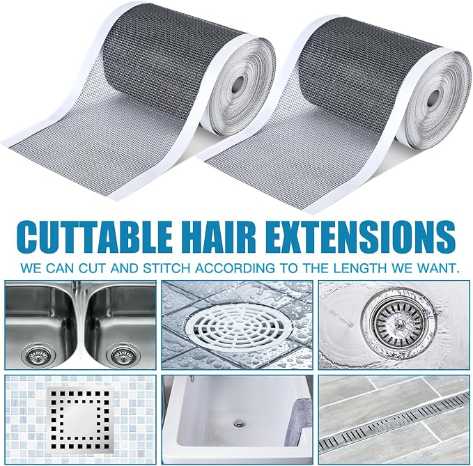 2 Pack Linear Shower Drain Hair Catcher Mesh Stickers Cutable | 4x33ft Disposable Adhesive Mesh Cover for Bathroom Kitchen Bathtub Floor Drains, DIY Install, Includes 2 Removal Tools