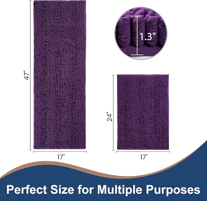 Non Slip Thick Shaggy Chenille Bathroom Rug Sets 2 Piece, Thickened Hot Melt Rubber Bottom Bath Mats for Bathroom, Bath Rugs Quick Dry Machine Washable for Shower (Plum, 47"x17" Plus 17"x24")