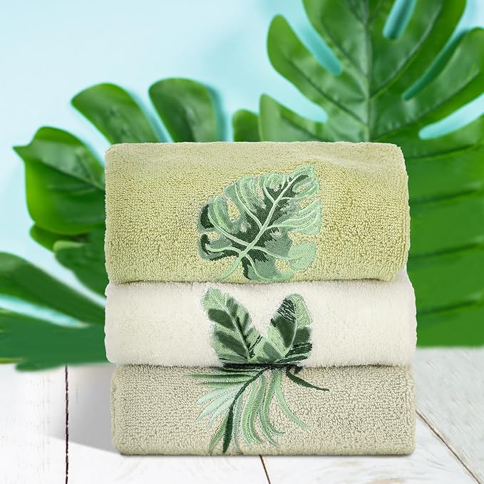 3 Pcs Sage Green Hand Towels Tropical Bathroom Kitchen Decor | Embroidered Tropical Leaves Design, 100% Cotton, Summer Bathroom Kitchen Decor, Absorbent Towels, Holiday Housewarming Gifts