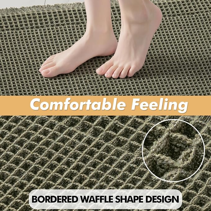 MIULEE Set of 2 Waffle Bathroom Rugs Bordered Mat Green 17"x24"+18"x30" | Non Slip, Super Absorbent, Washable, Ultra Soft, Rubber Backed Bath Rugs for Bathroom Floor Tub and Shower, Boho Decor