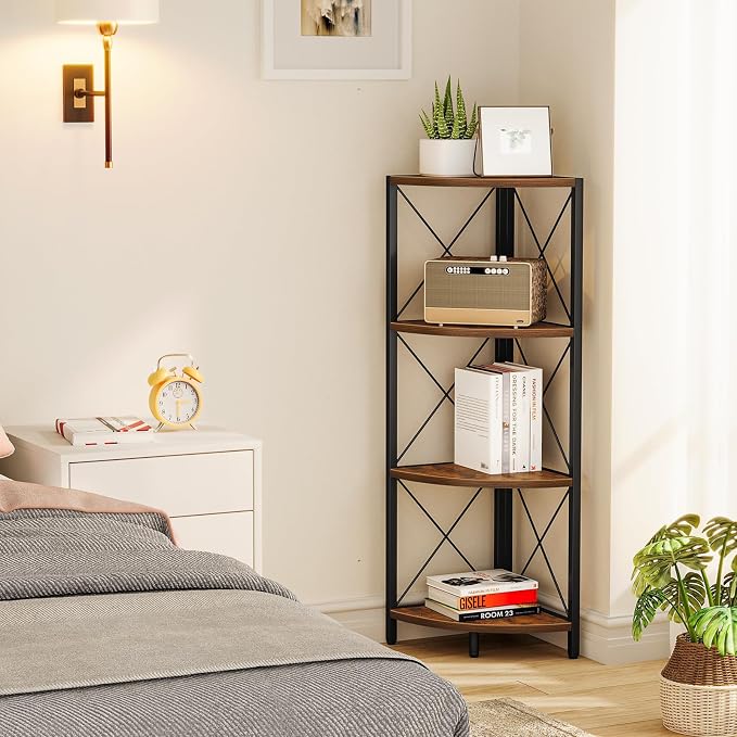 Snughome Rustic Corner Shelf Stand for Desktop, 4 Tier Corner Storage Plant Shelf, Freestanding Corner Shelf Display Rack, Multi-Unit Organizer for Living Room, Home Office, Small Space，Rustic Brown