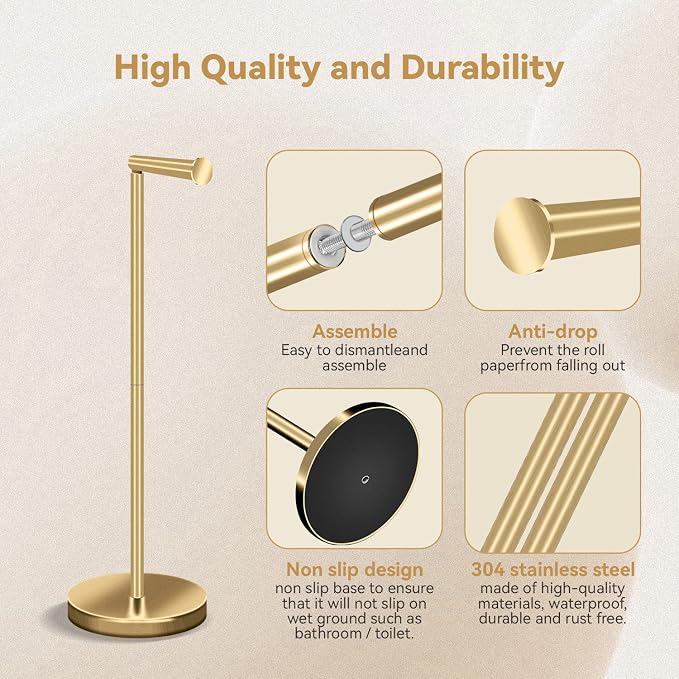 RRM Toilet Paper Holder Stand, Bathroom Free Standing Rolls Storage, Golden | 22"H Toilet Paper Holders Stand, Storage 3-4 Rolls, Easy Installation, Sturdy Base, Stainless Steel, Modern Design