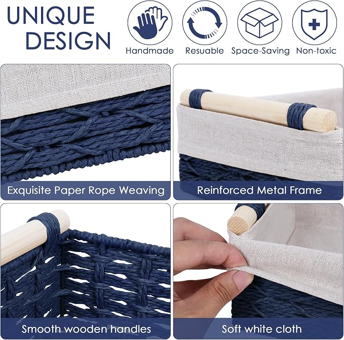 Wicker Storage Basket with Wooden Handle – Paper Rope Decorative Toilet Paper Baskets & Bathroom Organizer for Toilet Tank Top, Shelves, Bedroom, Countertop,Home,Office Storage Bins,2 Pack,Navy Blue