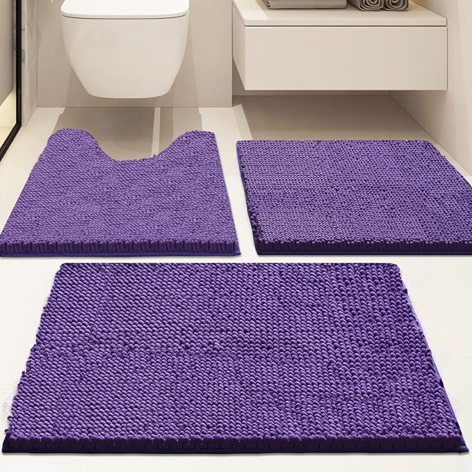 Bathroom Rugs Sets 3 Piece Non Slip,Bath Rugs with PVC Backing Bath Carpet,Bathroom Rug Washable,Absorbent,Plush Carpet Mats,Bath Mats for Bedroom, Kitchen,Tub,Home Decor (Purple)