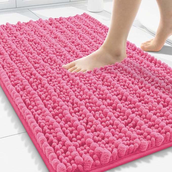 Smiry Bathroom Rugs 30X20, Extra Soft Rubber Backing Chenille Bath Mats | Hot Pink Machine Washable Non Slip Quick Dry Bath Mats for Bathroom Floor, Tub, Shower, Home Decor Accessories