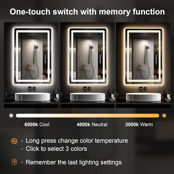 TRAHOME LED Bathroom Vanity Mirror with Lights, 32"x24" Lighted Wall Mirror | Front and Backlit, Anti Fog, Dimmable 3 Color Lighting, Memory Function, Shatterproof Glass, Plug in or Hardwired