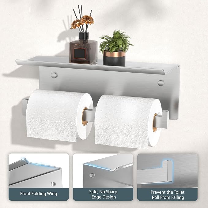 FORIOUS Double Toilet Paper Holder with Shelf, 304 Stainless Steel Wall Mount Commercial Toilet Paper Dispenser, Low Maintenance Bathroom Tissue Roll Holder for Hotel, Apartments, etc, Brushed Nickel