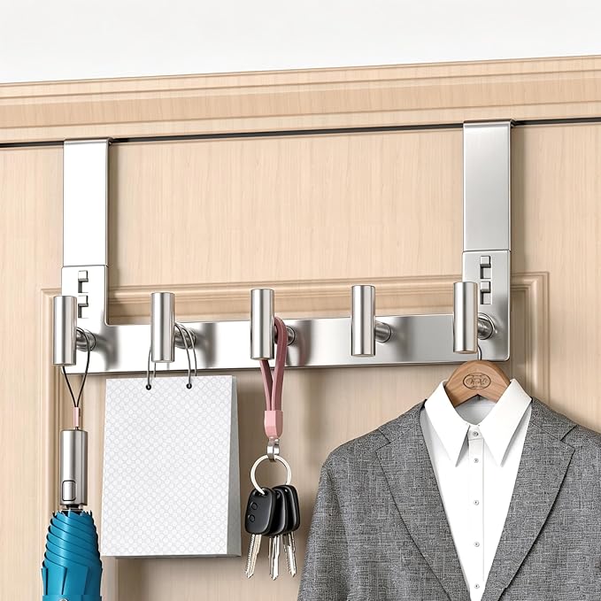 PMMASTO Over The Door Hooks, Fits 1-3/4" Thick Door No Drill Hooks for Closet Bathroom Bedroom Organization, Hanger for Coat Towel Robe (Polished Silver, 5 T-Hooks)