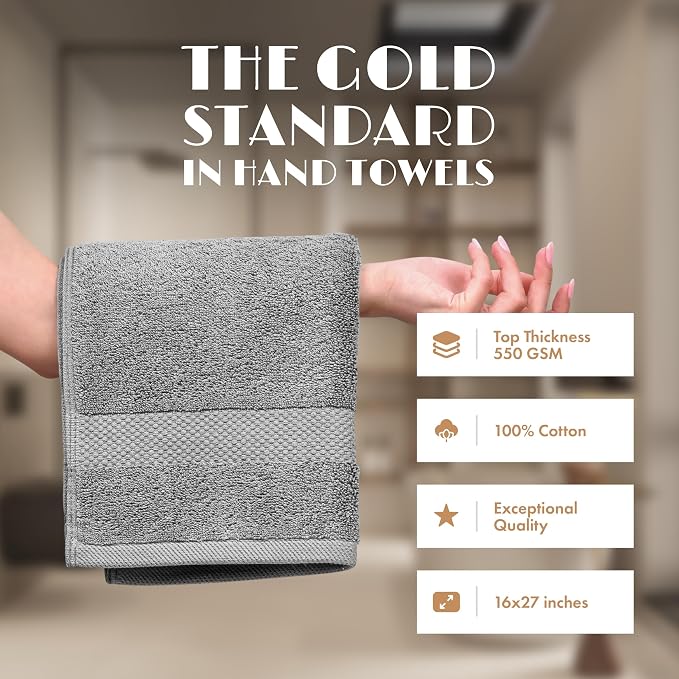 White Classic Light Gray Hand Towels for Bathroom [12 Pack] Cotton Hand Towel Bulk for Gym, Kitchen and Spa, 16x27 Inches Soft Highly Absorbent Quick Dry Terry Salon Towels