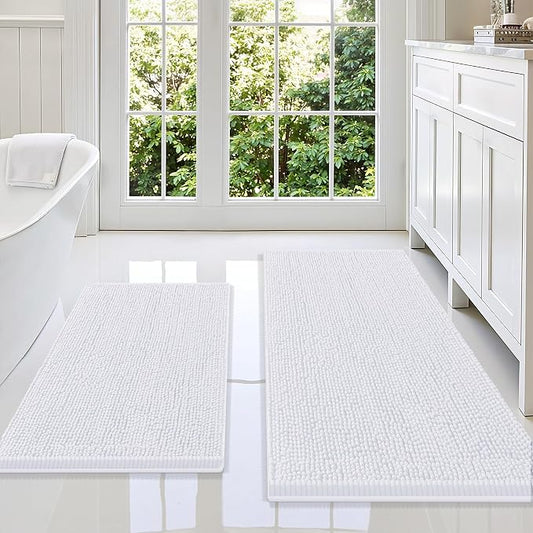 Smiry Chenille Bathroom Rugs Sets 2 Piece (47x20+30x20, White) | Soft Absorbent Machine Washable Non Slip Shaggy Bath Rug Set for Tub, Shower, and Floor, Home Decor