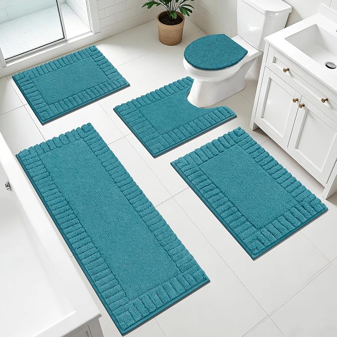 Pauwer Bathroom Rugs Set 5 Piece Non Slip Washable Bath Mat, Aqua Blue | U Shaped Contour Toilet Rugs, Soft Plush, Absorbent, Microfiber Shower Rug, Quick Dry Toilet Lid Cover