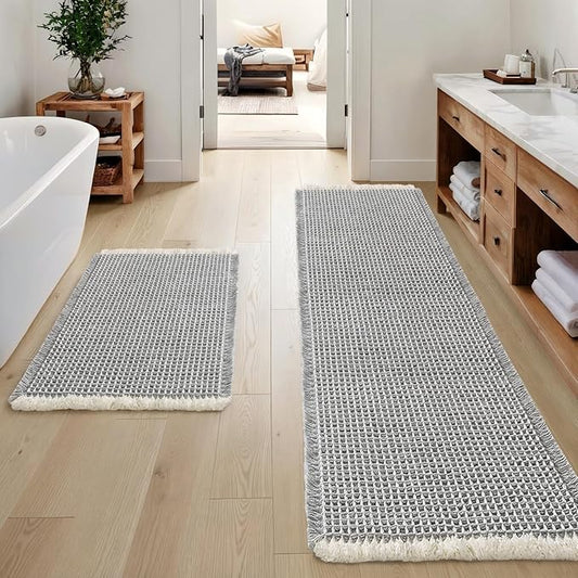 MIULEE Set of 2 Waffle Bathroom Rugs LightGrey&Cream 17"x24"+17"x48" | Non Slip, Super Absorbent, Washable, Ultra Soft, Rubber Backed, Small Boho Bath Rug and Bathroom Runner for Floor Tub Shower