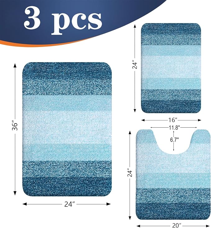 OLANLY Microfiber Bathroom Rugs Sets 3 Piece, 36"x24"+24"x16"+24"x20" | Peacock Blue, Soft Absorbent Bath Mats and U-Shaped Contour Toilet Rug, Plush Shaggy Bath Mat Set for Bathroom