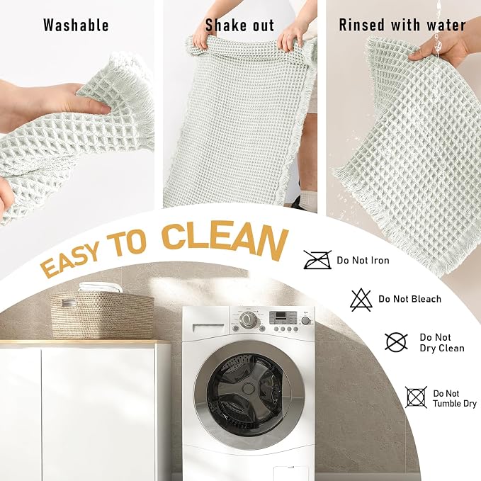 JIUZHEN Set of 2 Waffle Bath Mats Boho Bath Rugs 16"x24"+18"x30", Cream | Non Slip, Super Absorbent, Washable, Ultra Soft, Fast Drying Waffle Bathroom Rugs for Bathroom Floor, Tub, Shower