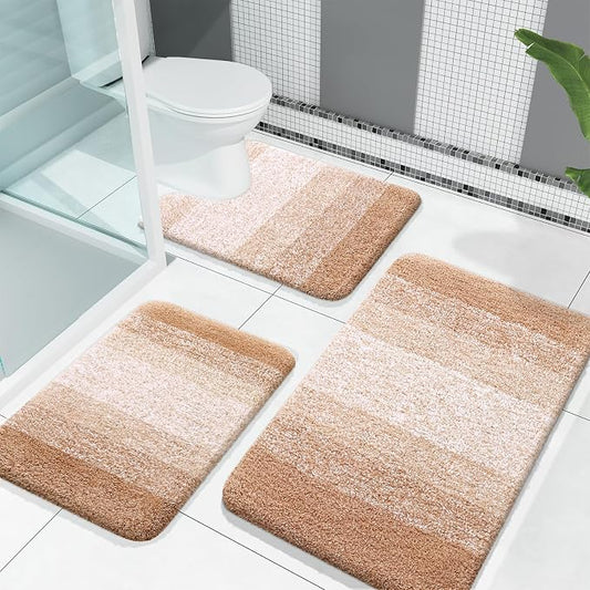 OLANLY Microfiber Bathroom Rugs Sets 3 Piece, 30"x20"+24"x16"+24"x20" | Beige, Soft Absorbent Bath Mats and U-Shaped Contour Toilet Rug, Machine Wash Dry, Plush Shaggy Bath Mat Set for Bathroom