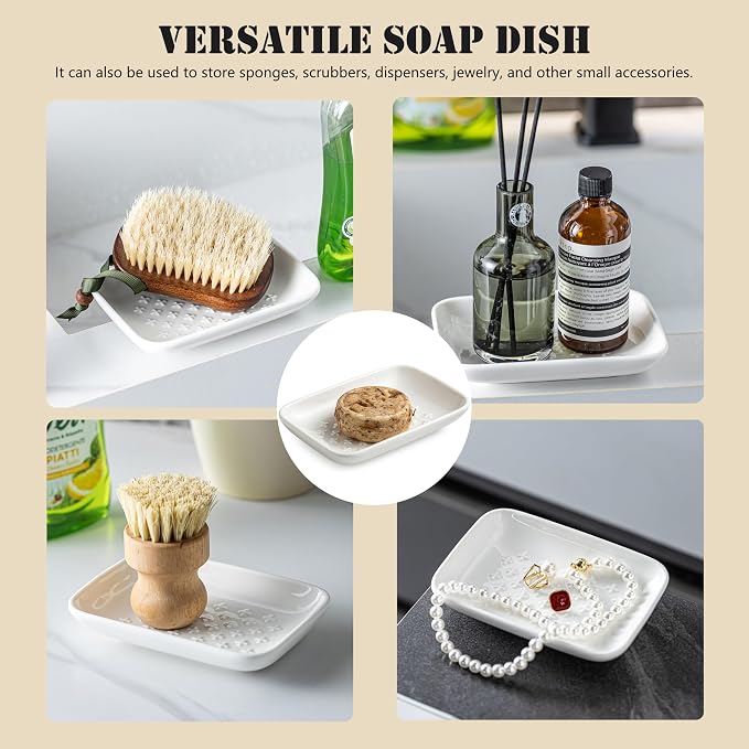 Gomakren Ceramic Soap Dish, 5.5in Shower Soap Holder Bathroom Sink, White | Prevents soggy soap, non-slip bottom, easy to clean, stackable counter decor, multi-use for kitchen sink, sponge & jewelry