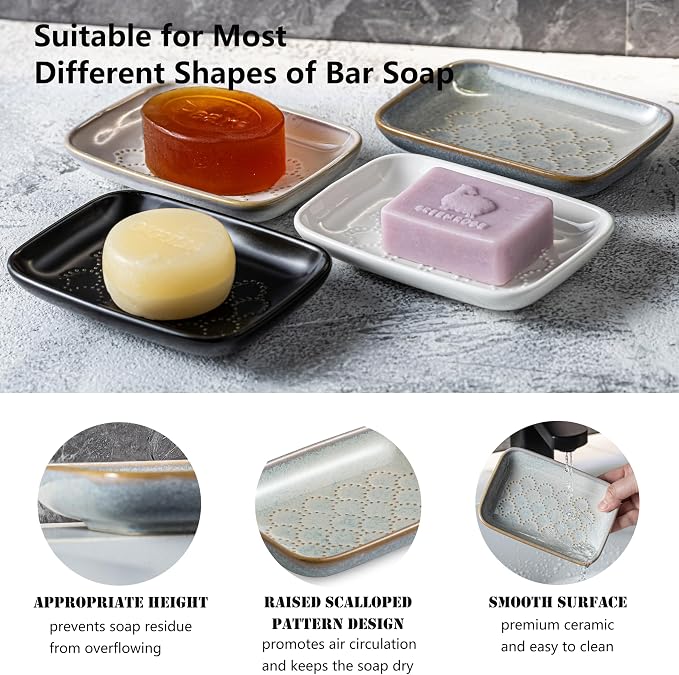 Gomakren Ceramic Soap Dish Bar Soap Holder for Bathroom Kitchen Sink, Gray | Keeps soap dry & long-lasting, raised scalloped design, non-slip base, easy to clean, versatile tray counter storage & decor