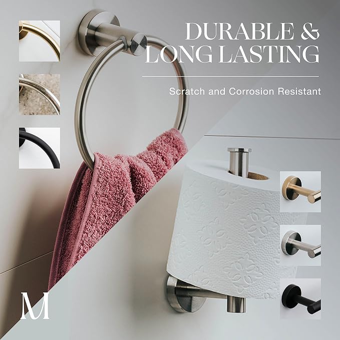 MARMOLUX ACC 2-Pc Bathroom Hardware Set - Hand Towel Holder for Bathroom Wall - Toilet Paper Holder Stand Wall Mount - Towel Holder Hanger Rack Stainless Steel Bathroom Set Towel Ring - Brushed Steel