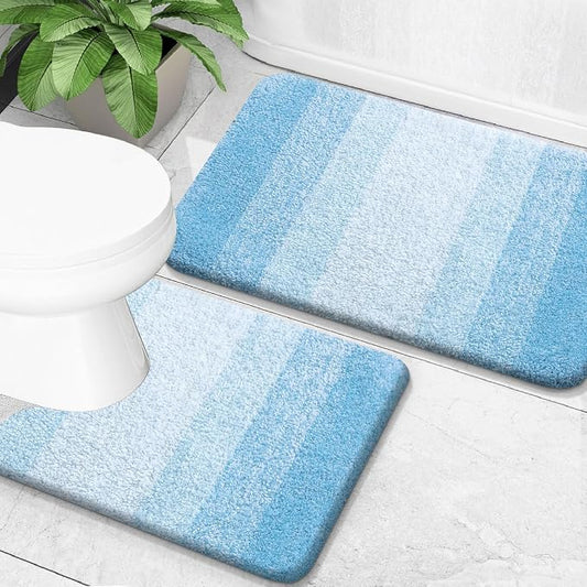 OLANLY Micorfiber Bathroom Rug Set 2 Piece, 30"x20"+U-Shaped 24"x20" | Sky Blue, Soft Absorbent Bath Mats and Contour Toilet Rug, Non-Slip, Machine Wash Dry, Plush Shaggy Bath Mats for Bathroom