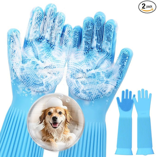 Pecute Silicone Pet Grooming Gloves for Washing Cats Dogs Bath Brush | Extended cuff, 3,000 soft bristles, Gentle massage & deshedding, Dishwasher safe, For large/thick coats, Home/car cleaning