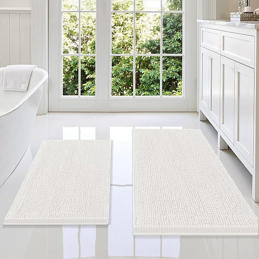 Smiry Chenille Bathroom Rugs Sets 2 Piece (36x24+30x20, Ivory) | Soft Absorbent Machine Washable Non Slip Shaggy Bath Rug Set for Tub, Shower, and Floor, Home Decor