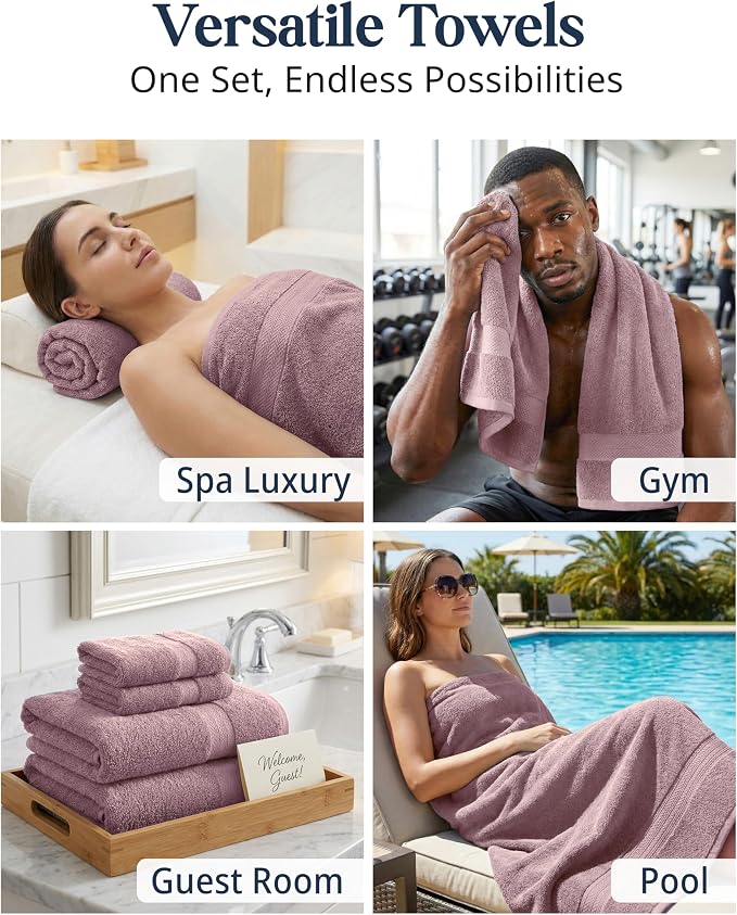 LANE LINEN Bath Towel Set Absorbent Quick Dry 100% Cotton - Wishful Mauve | Cotton Bath Towel Set - OEKO-TEX Certified, Ring-Spun Durability, Terry Weave Comfort, Hotel-Style Look